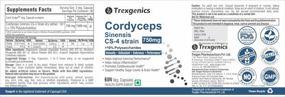 Trexgenics CORDYCEPS 10% Polysaccharides 750 mg Immunity, Cardiovascular, Exercise performance VEGAN & NON-GMO (60 Veg. Capsules) (Pack of 1)