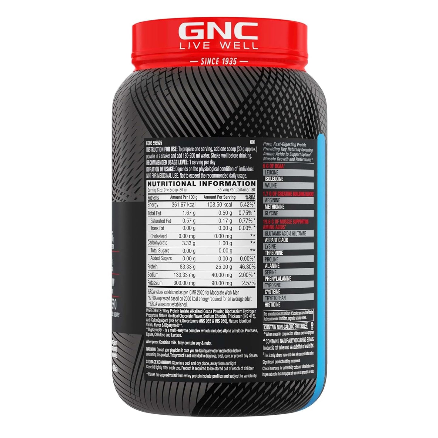 GNC Amp Pure Isolate Zero Carb | 2 Lbs | 30 Servings | Boosts Athletic Performance Builds Lean Muscles | Speeds Up Recovery | Digezyme For Easy Digestion | 25G Protein | 6G Bcaa | Chocolate Frosting