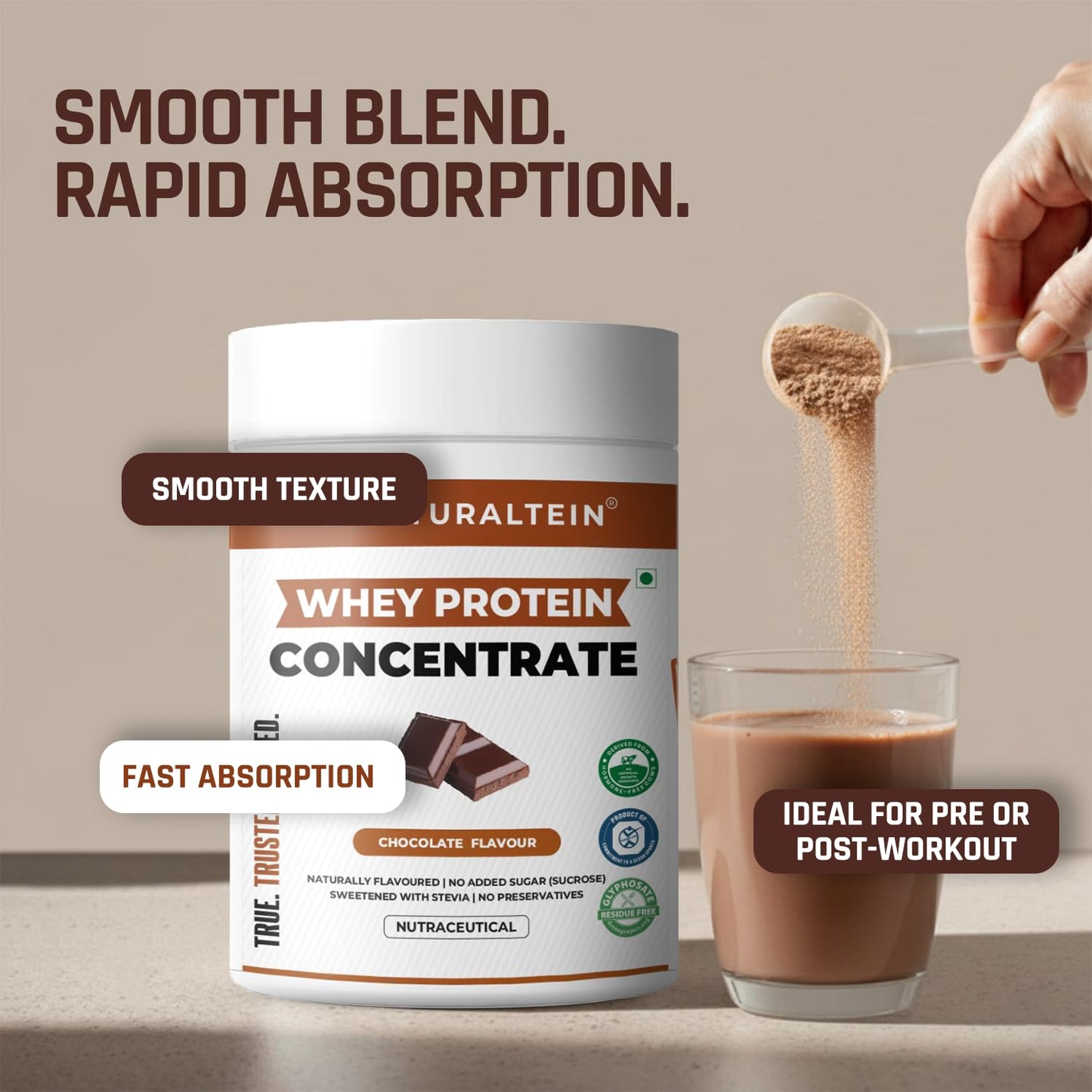NATURALTEIN Natural Whey Protein Concentrate Chocolate â€“ 300 g | 21.8 g Protein per 30 g Serving | Naturally Flavoured | No Artificial Sweeteners | Soy-Free, Gluten-Free & Easy to Digest