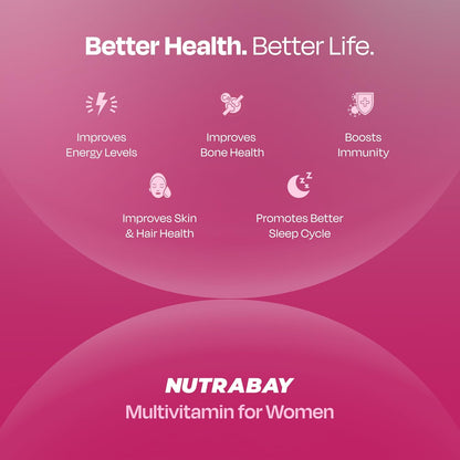 Nutrabay Pro Active Multivitamin for Women â€“ Effective Doses of Iron, Vitamin A, B5, B6, C, D, E & K and Minerals â€“ Immunity, Hair, Skin & Bone Support â€“ 60 Tablets | 100% RDA Dosage | Purity Tested