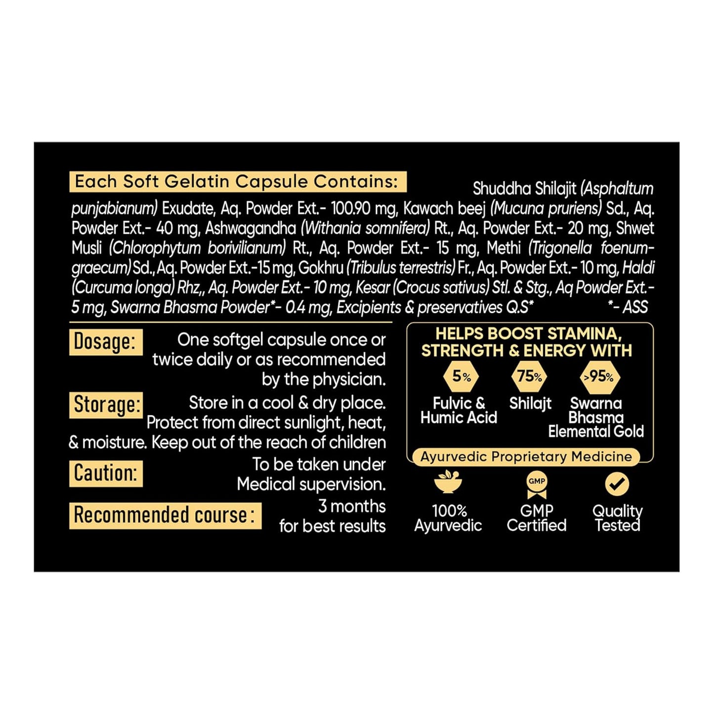 Dr. Vaidya's Herbo24Turbo Shilajit Gold Resin Softgel Capsules | 30 Ayurvedic Capsules for Strength, Stamina & Energy in Men | Enriched with Pure Shilajit for Men & 24K Gold Bhasma