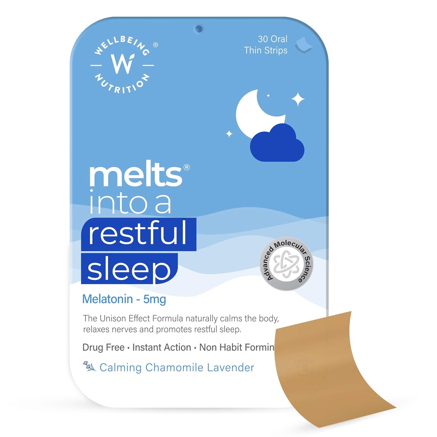 Wellbeing Nutrition melts Restful Sleep | Plant-Based Melatonin 5mg for Deep Sleep, Stress Relief | Clinically Proven, Safe & Non-Addictive with Chamomile, Tagara, L-Theanine | 30 Oral Thin Strips