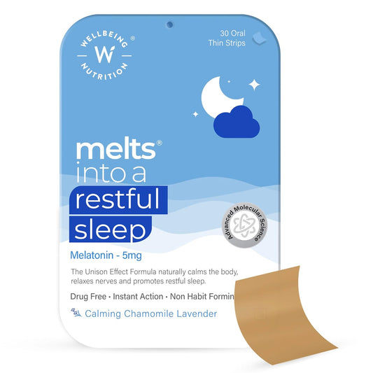 Wellbeing Nutrition melts Restful Sleep | Plant-Based Melatonin 5mg for Deep Sleep, Stress Relief | Clinically Proven, Safe & Non-Addictive with Chamomile, Tagara, L-Theanine | 30 Oral Thin Strips