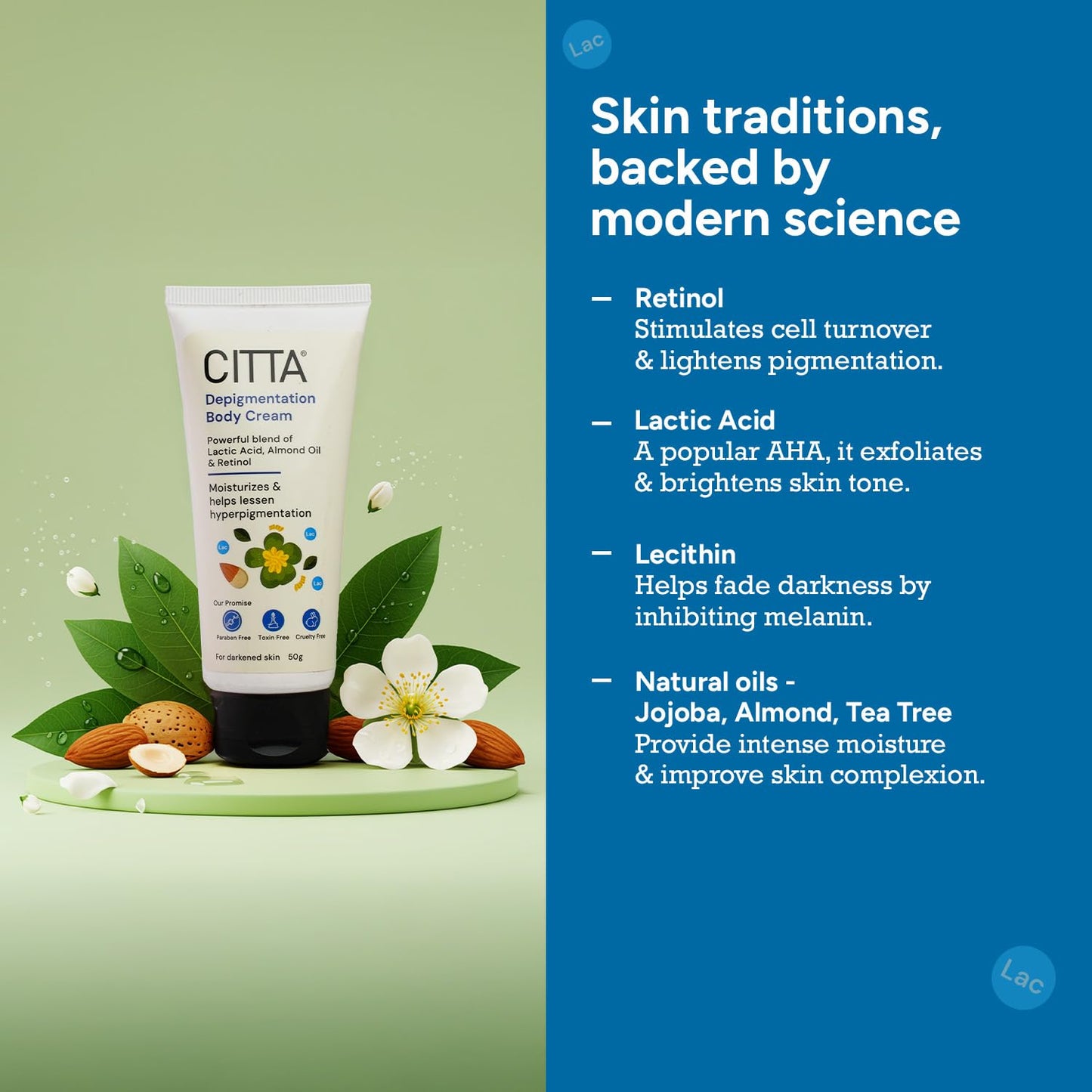 CITTA Depigmentation Body Cream with Retinol, Lactic Acid & Almond Oil â€“ Reduces Tan, Pigmentation & Evens Skin Tone â€“ Treats Dark Patches on Elbows, Knees, Neck & Thighs â€“ For Men & Women â€“ 50g