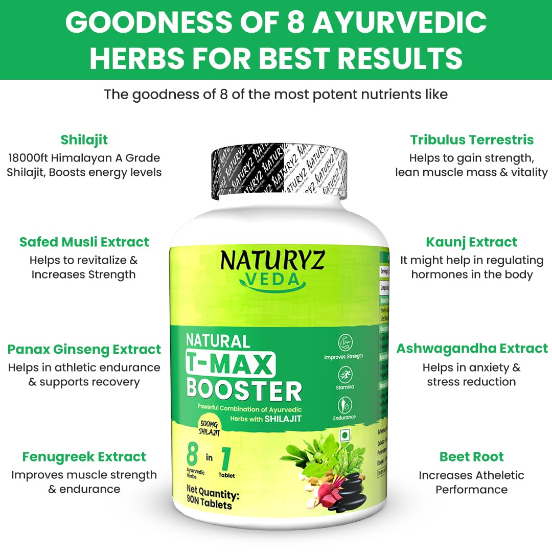 Naturyz VEDA T-MAX Booster with Shilajit, Safed Musli & Ashwagandha | Ayurvedic Strength, Stamina & Energy Support | High Absorption Formula for Men & Women | 90 Tablets