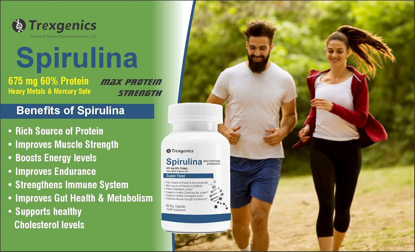 Trexgenics SPIRULINA 675 mg MAX Strength Protein 60%, Super Green Food (60 Vcaps) (1)