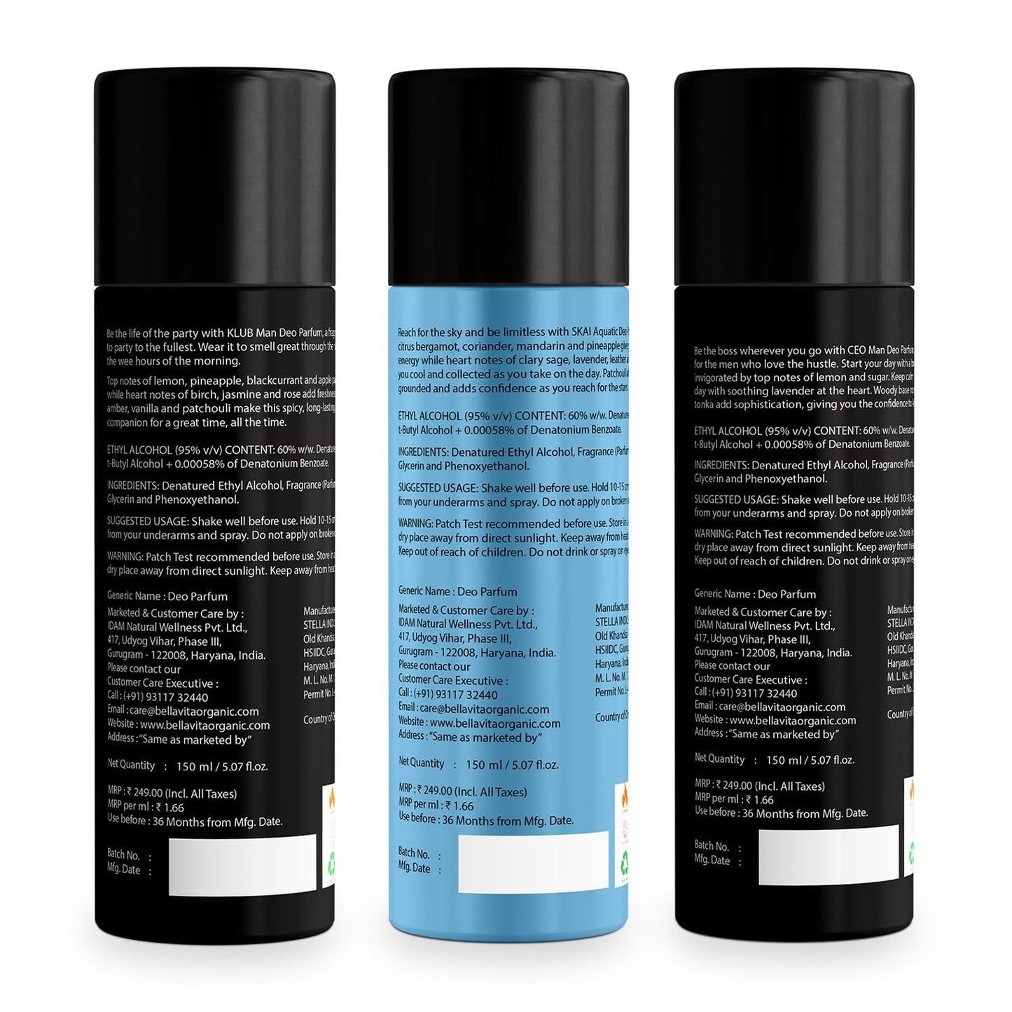Bella Vita Luxury Body Parfum Gift Set for Men | Pack of 3 x 150ml | No Gas Deo for Man | CEO, Skai Aquatic & Klub | Long Lasting Fragrance with Tonka, Bergamot, Vanilla