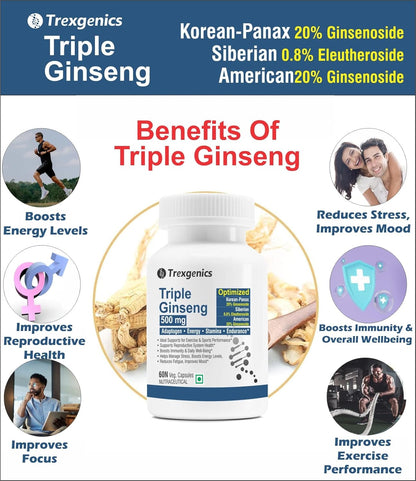 Trexgenics TRIPLE GINSENG 500 mg Optimized American, Siberian, Panax Ginseng Immunity, Energy, Performance (60 Veg. Capsules) (Pack of 1)