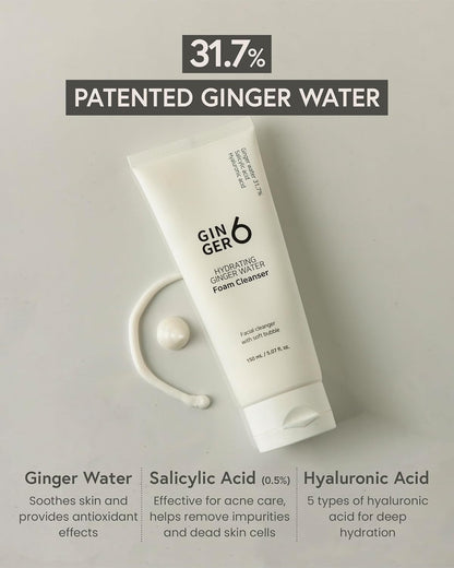 GINGER6 Hydrating Foam Cleanser 150ml | 31.7% Ginger Water| Salicylic Acid Face Wash for Acne Care| 5 Hyaluronic Acid Hydration| Deep Clean & Calming Korean Skincare | Non-Comedogenic & Hypoallergenic