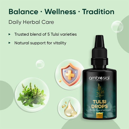 Ambrosial Tulsi Drops Concentrated Extract of 5 Tulsi 30ml | Natural Immunity Booster | Relieves Cough & Cold | Raw Extract of Holy Basil Leaf (Pack of 1)