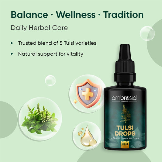 Ambrosial Tulsi Drops Concentrated Extract of 5 Tulsi 30ml | Natural Immunity Booster | Relieves Cough & Cold | Raw Extract of Holy Basil Leaf (Pack of 1)