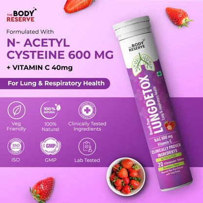 The Body Reserve Lung Detox 20 Effervescent Tablets With N-Acetylcysteine 600mg and Vitamin C | Cleaner Lungs Detoxification and Immune Defence Strawberry Flavour (Pack Of 1)