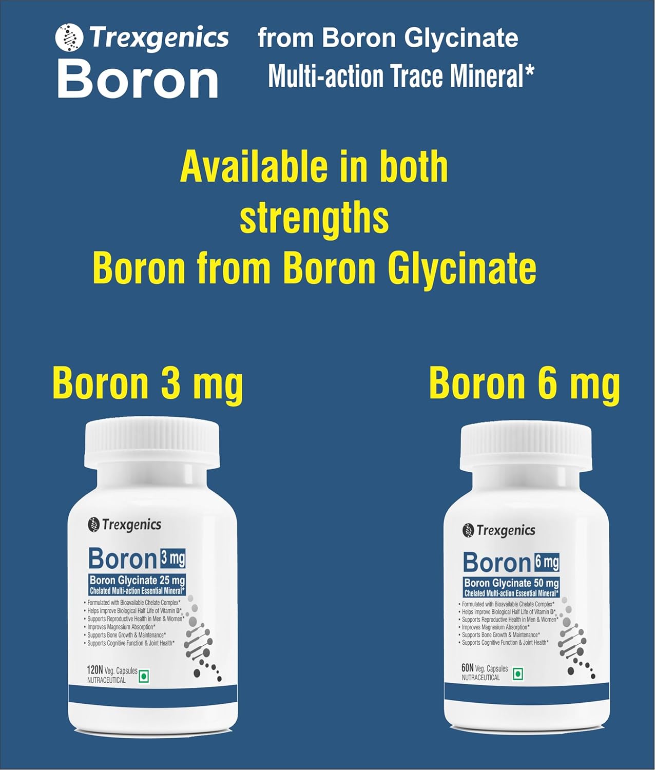 Trexgenics Boron 6 mg from Boron Glycinate 50 mg Multi-action Mineral, Bone, Cognitive Function & Joint Health (60 Veg Capsules)