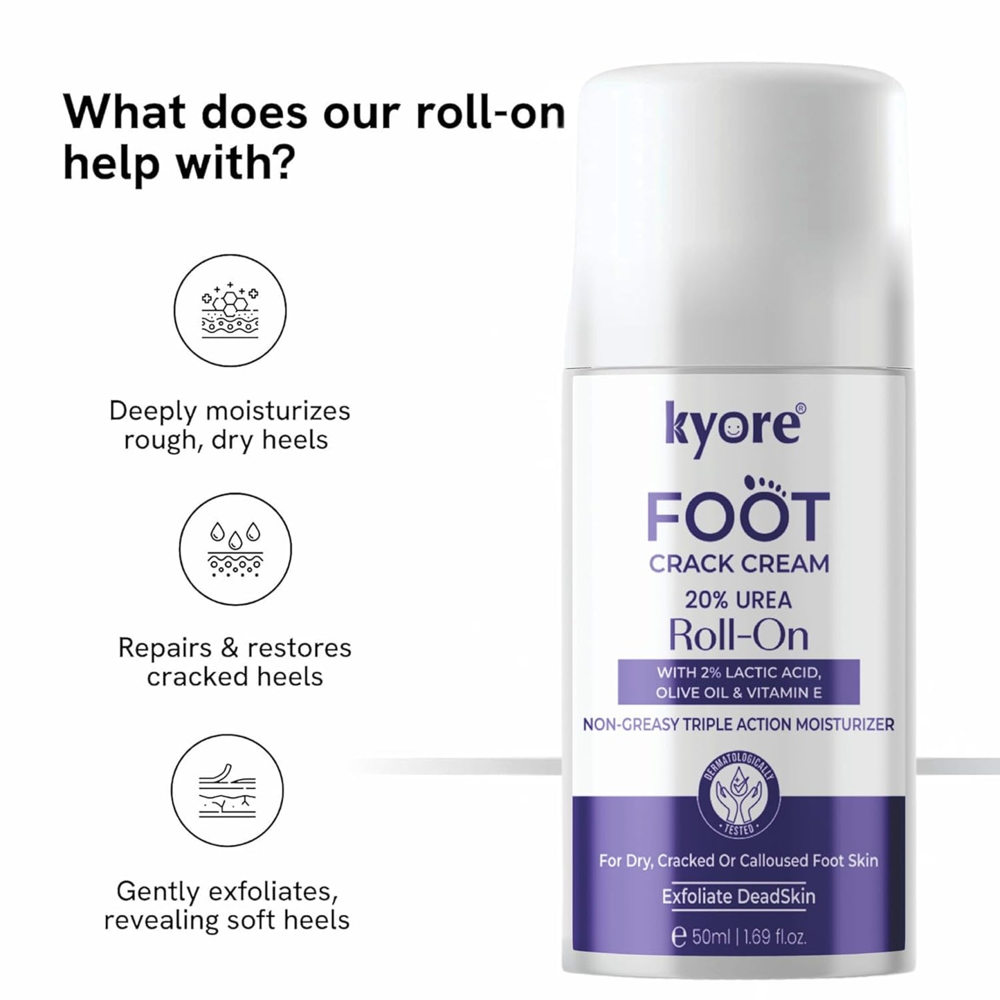 20% Urea Foot Cream Roll On 50ml | For Dry & Cracked Heels | With 2% Lactic Acid, Olive Oil & Vitamin E | Helps Repair and Moisturise Cracked Heels
