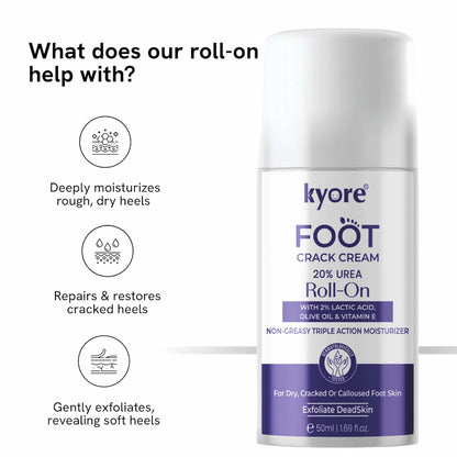 20% Urea Foot Cream Roll On 50ml | For Dry & Cracked Heels | With 2% Lactic Acid, Olive Oil & Vitamin E | Helps Repair and Moisturise Cracked Heels