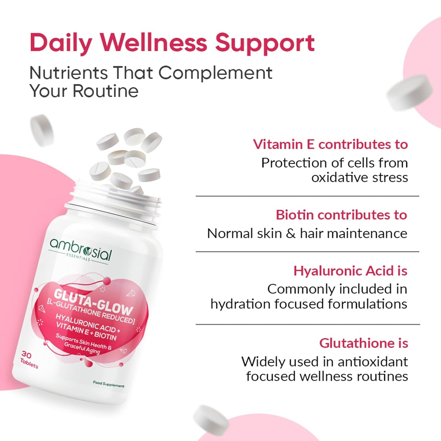 Ambrosial Gluta-Glow L-Glutathione 500mg Tablets with Vitamin C, Vitamin E, Hyaluronic Acid, Lycopene & Biotin â€“ Japanese L Glutathione Supplement â€“ 30 Vegan Tablets