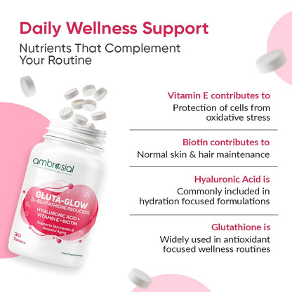 Ambrosial Gluta-Glow L-Glutathione 500mg Tablets with Vitamin C, Vitamin E, Hyaluronic Acid, Lycopene & Biotin â€“ Japanese L Glutathione Supplement â€“ 30 Vegan Tablets