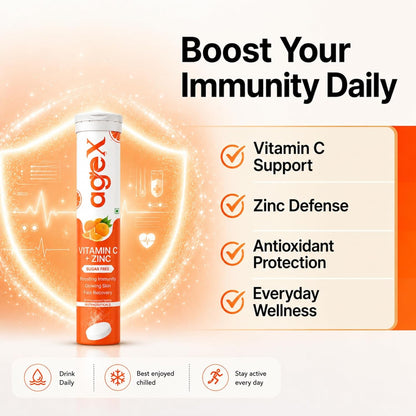 Vitamin C+Zinc Effervescent Tablets | Natural Amla Extract 1000mg + Vit C 80mg + Zinc 10mg | Immunity Booster for Skin, Hair & Nails | Supports Collagen Production |Orange Flavour | Sugar-Free | 20 Effervescent Tablets (Pack of 1)