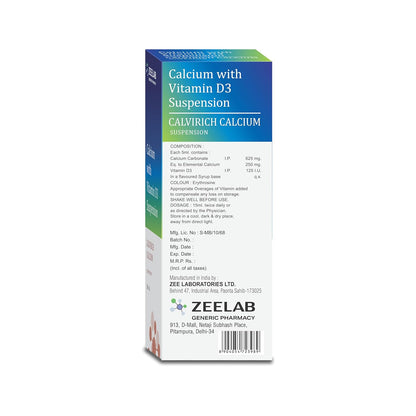 Zeelab Calvirich Calcium Suspension 200 ml | Calcium And Vitamin D3 Suspension Supplement