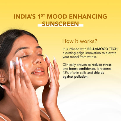 BELLAVITA Sunscreen SPF 50, Mood Enhancing Sunscreen, PA++++, Non-Greasy, No White Cast | Broad Spectrum & UVA+UVB Protection | For Men & Women- 50 ML