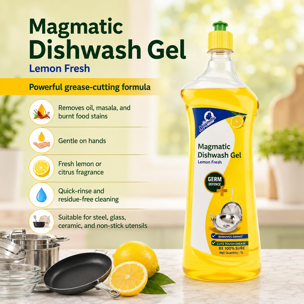 Magmatic Lemon Fresh Dishwash Liquid Gel 1L