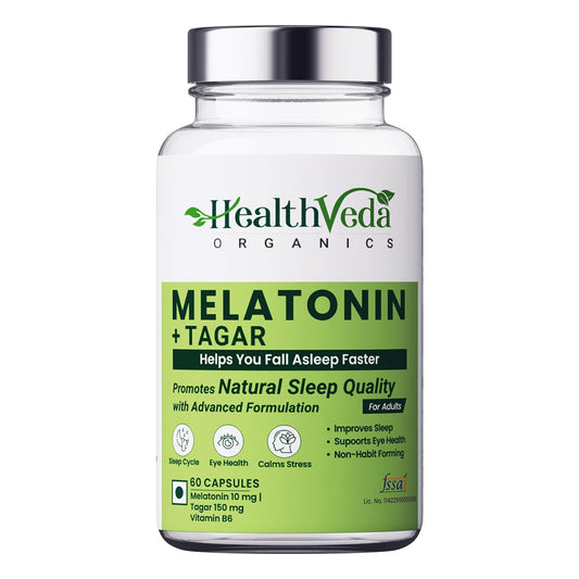 HEALTH VEDA ORGANICS PRIVATE LIMITED Melatonin (10 Mg) + Tagar (125 Mg) | 60 Veg Capsules | For Better Sleep & Relaxation | Healthy Sleep Cycle (Non Habit Forming) | For Both Men & Women