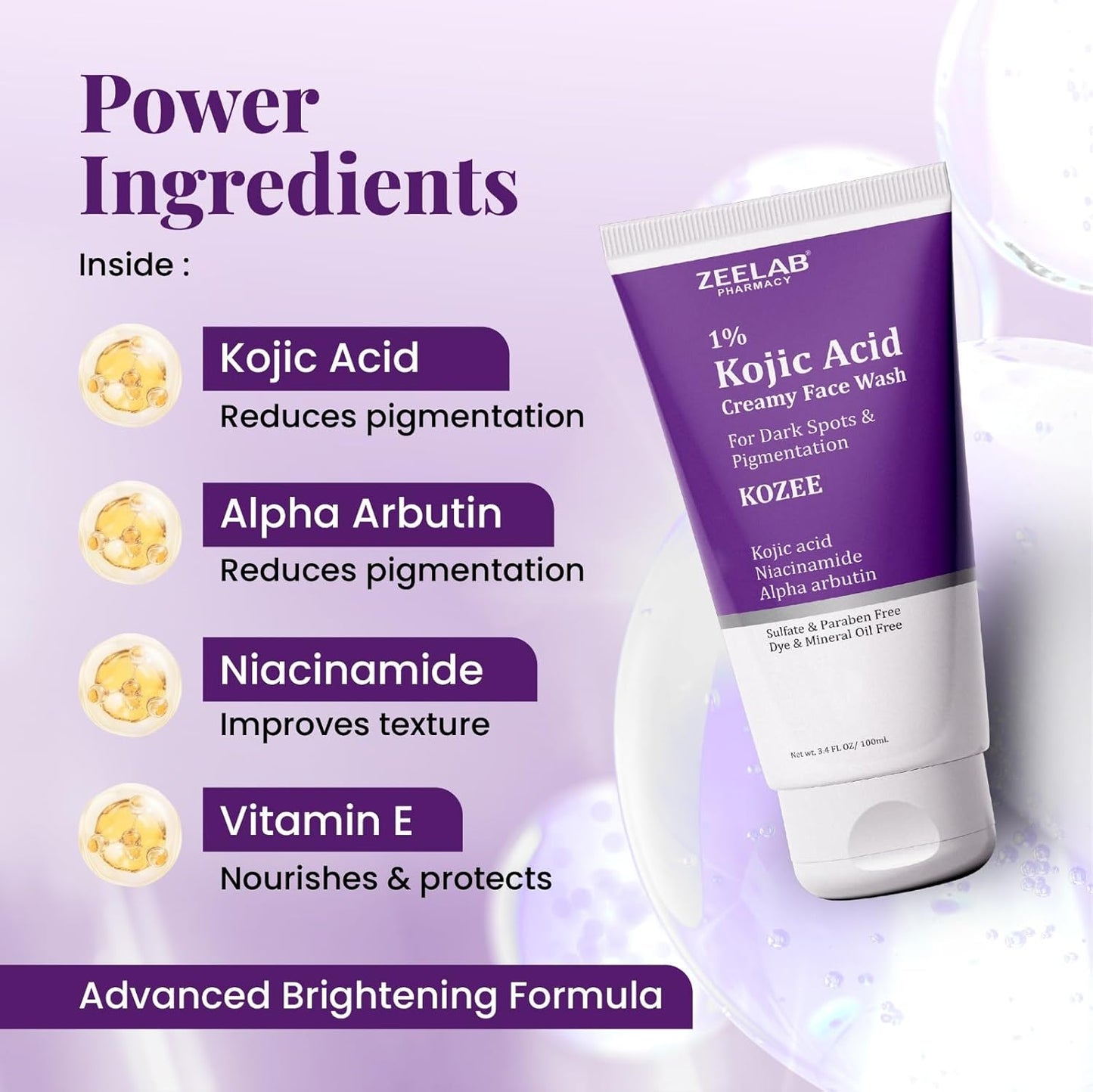 Zeelab Kozee Kojic Acid 1% Face Wash for Dark Spots & Uneven Skin Tone | With Alpha Arbutin, Niacinamide & Vitamin E | Gentle Brightening & Cleansing Face Wash | Suitable for All Skin Types | 100ml