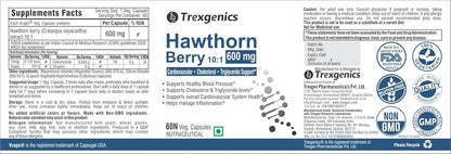Trexgenics HAWTHORN BERRY 600 mg Cardiovascular, Cholesterol, triglycerides, Blood Pressure Support VEGAN & NON-GMO (60 Veg. Capsules) (Pack of 1)