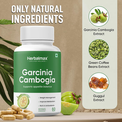 Herbal Max Garcinia Cambogia Capsules â€“ 60 Veg Capsules | 60% HCA & Green Tea Extract | Supports Weight Management, Fat Burning, Digestion & Metabolism