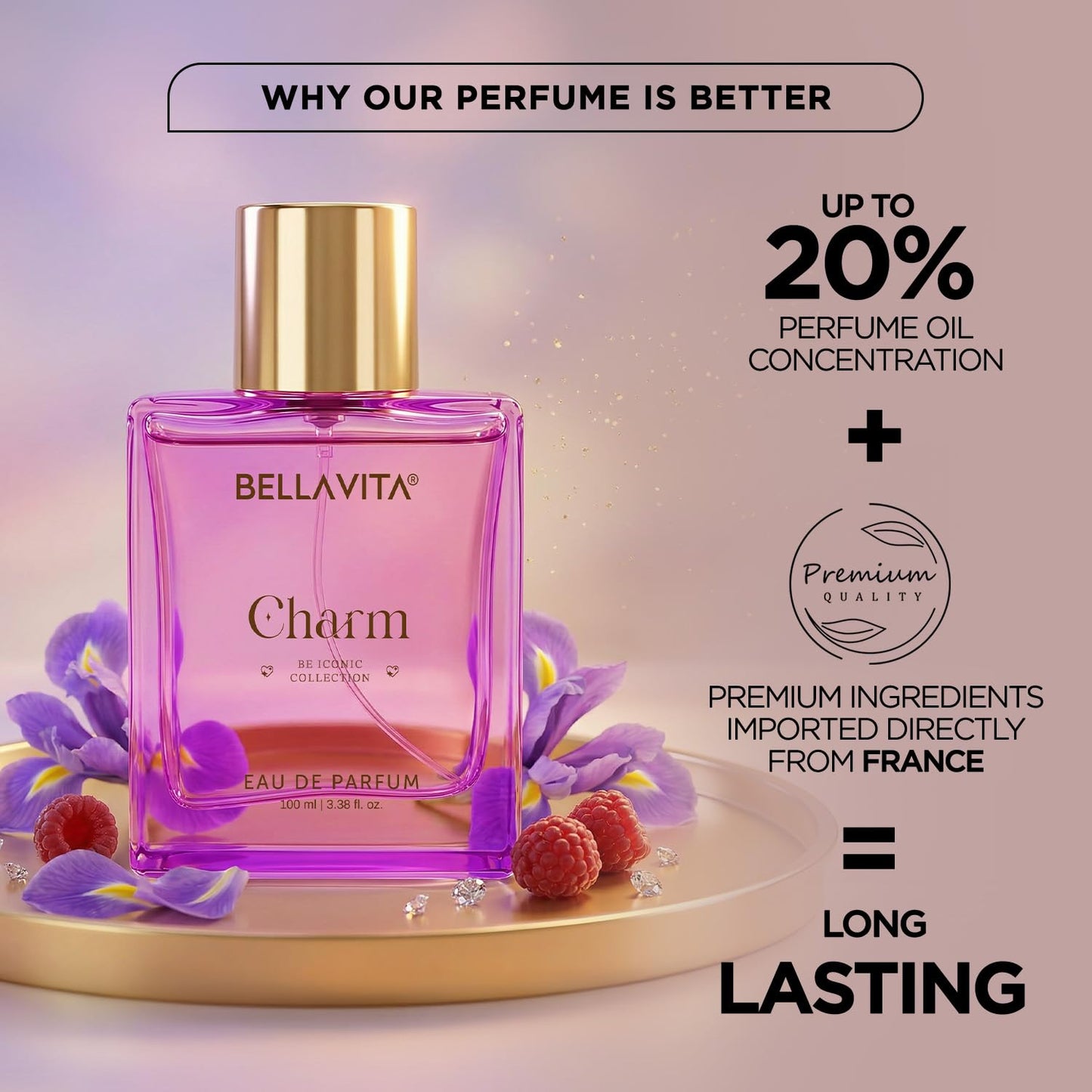BELLAVITA Charm EDP | Perfume for Woman | Long Lasting | 100ml | Fruity & Floral Scent | Premium Perfume for Women