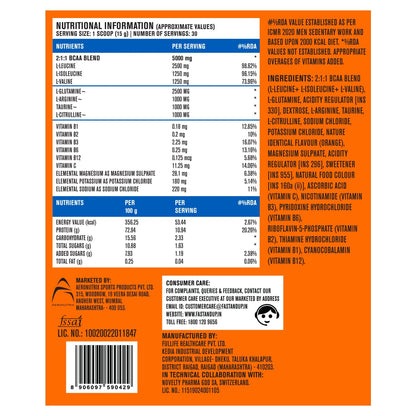 FAST&UP BCAA Orange Flavour Advanced BCAA Supplement with Glutamine, Citrulline, L-Arginine & Taurine - Pre/Post Workout & Intra Workout Supplement Powder for Adults(450gm, 30 Servings)