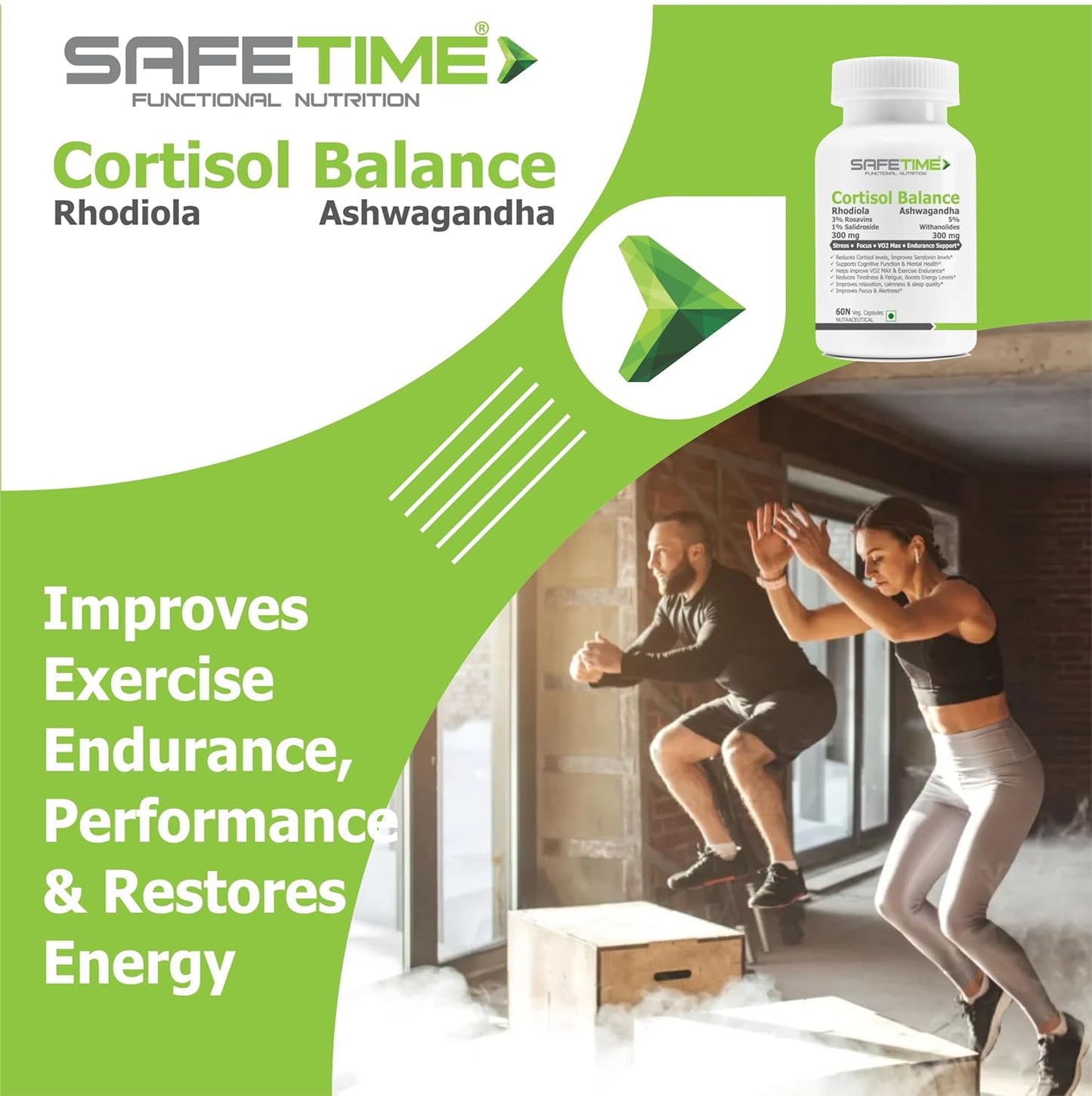 CORTISOL BALANCE Bioactive Rhodiola & Ashwagandha Stress, Focus, Energy VO2 Max (60 Veg Capsules) (Pack of 1)