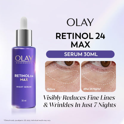 Olay Retinol24 Max Night Serum l Visibly Reduces Fine Lines in 7 Nights | Max Repair, Max Hydration l No Redness or Irritation | Fragrance Free l Normal, Oily, Dry and Combination Skin l 30ml