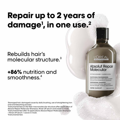 L'OrÃ©al Professionnel Paris Absolut Repair Molecular Sulfate-Free Deep Repairing Shampoo for Damaged Hair | Repair up to 2 years of damage, in one use | 2% peptides bonder, 300ml