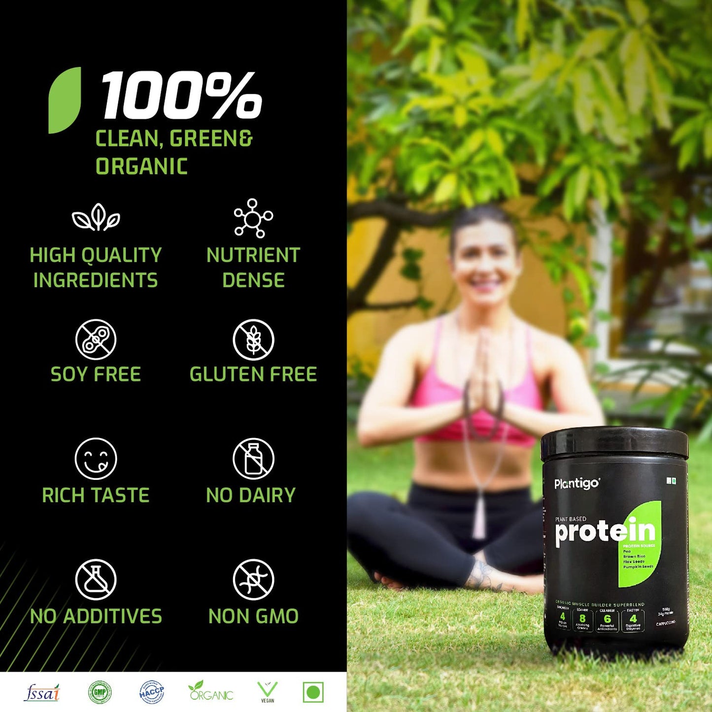 Plantigo Clean Protein Powder Men & Women | 24g Plant Protein, 4.4g BCAA, 2g Leucine, 4g Fiber | No Sugar, No Dairy, No Preservatives | 4x Fast Digest, Stress & Muscle Recovery | Swiss Chocolate 500g