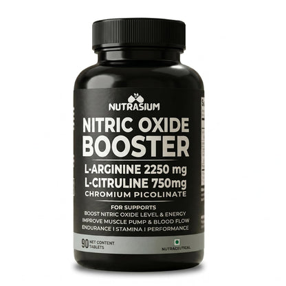 Nutrasium Nitric Oxide Supplement For Man | 2250 mg L-Arginine, 750 mg L-Citrulline with Chromium Picolinate For Supports Nitric Oxide Level, Improve Muscle Pump & Blood Flow, Boost Endurance, Stamina & Performance | 90 veg Tablets.