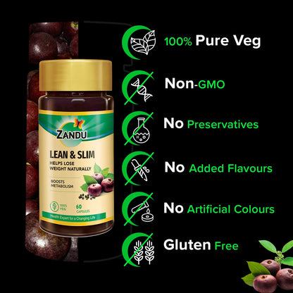 Zandu Lean & Slim | Enriched With The Goodness Of 6 Herbs To Help You In Weight Loss Journey | Acts As A Metabolism Booster & Supports Weight Management, (60 Caps)