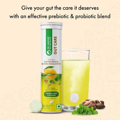 Dr. Vaidyaâ€™s Gut Care Effervescent Tablets | Helps reduce bloating & acidity, improves digestion, promotes gut health & regulates Bowel movement | Jeera, Ajwain, Saunf | Prebiotic & Probiotic Blend with healthy gut microbiome 15 Tablets
