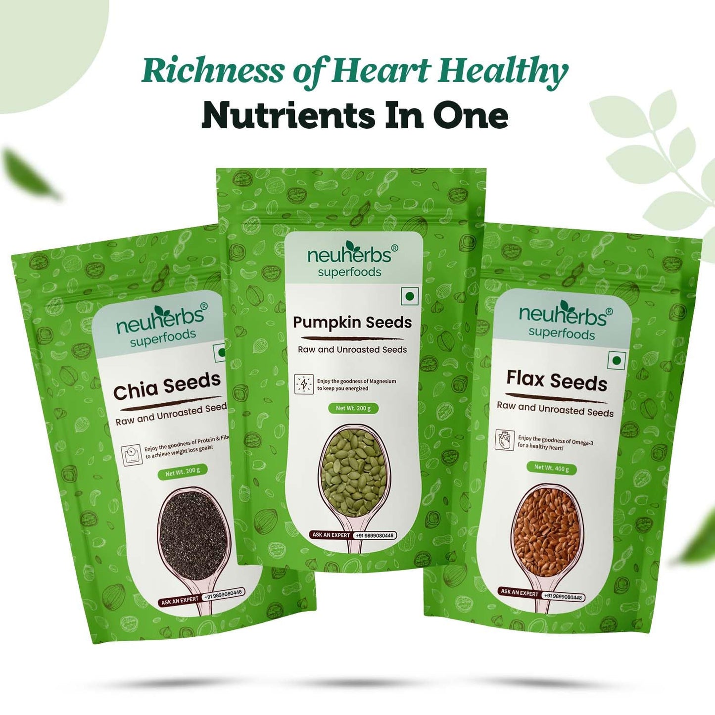 Neuherbs Unroasted Flax, Chia, and Pumpkin Seeds Combo for Improved Bone Health-(Flax seeds 400g + chia seeds 200g + pumpkin seeds 200g)