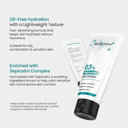 Minomine 03% Sepicalm Moisturizer with Vitamin B5 | Soothes Irritation, Reduces Redness, Hydrates Skin | Men & Women, Sensitive Skin Types, 100gm