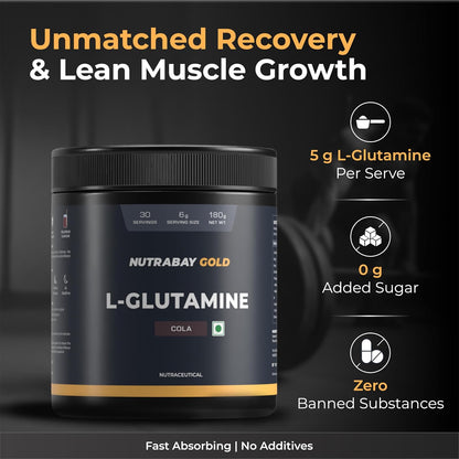 Nutrabay Gold L-Glutamine Supplement Powder 180g, Cola Flavor â€“ Post Workout Amino Acid for Muscle Growth & Recovery | 100% Authentic Supplement | No Banned Substances | Tested for Purity