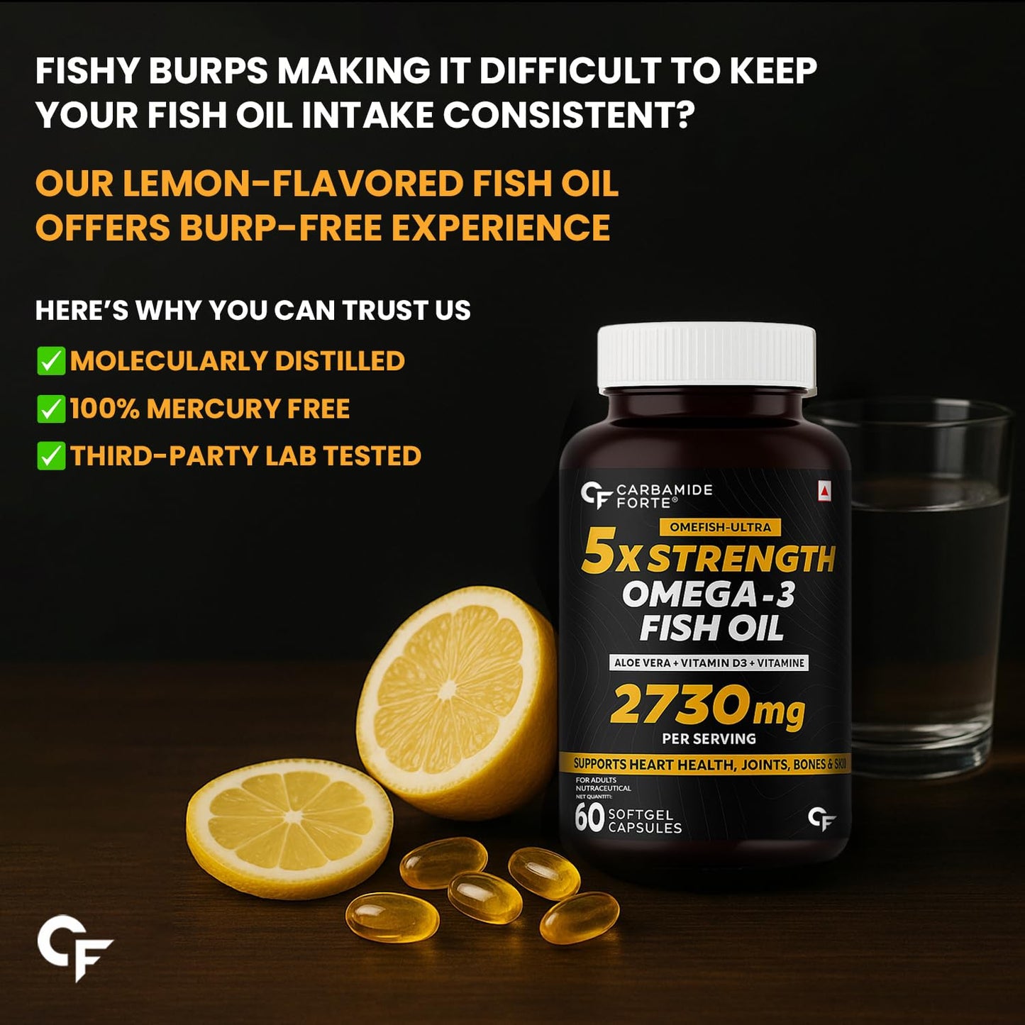 Carbamide Forte 5X Strength Omega 3 Fish Oil Capsules 2730mg | Omega 3 Supplement To Support Supports Overall Health & Skin | Fish Oil Omega3 Capsules With Added Aloevera, Vitamin D3, Vitamin E For Men & Women - 60 Softgels