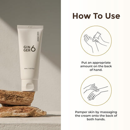 GINGER6 Hand Cream 60ml | 67.6% Ginger Extract Water | Shea Butter & 8 Natural Oils | 8 Hyaluronic Acids Moisturizing | Peptide & Mineral Complex | EWG Green Grade | Green Forest Scent Hydrating Care