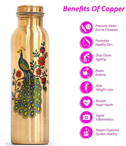 KC Pure Copper Peacock Designer Water Bottle with Advanced Leak Proof Protection, Ayurveda and Yoga Health Benefits. (1000ml, 1Unit, Pack of 1)
