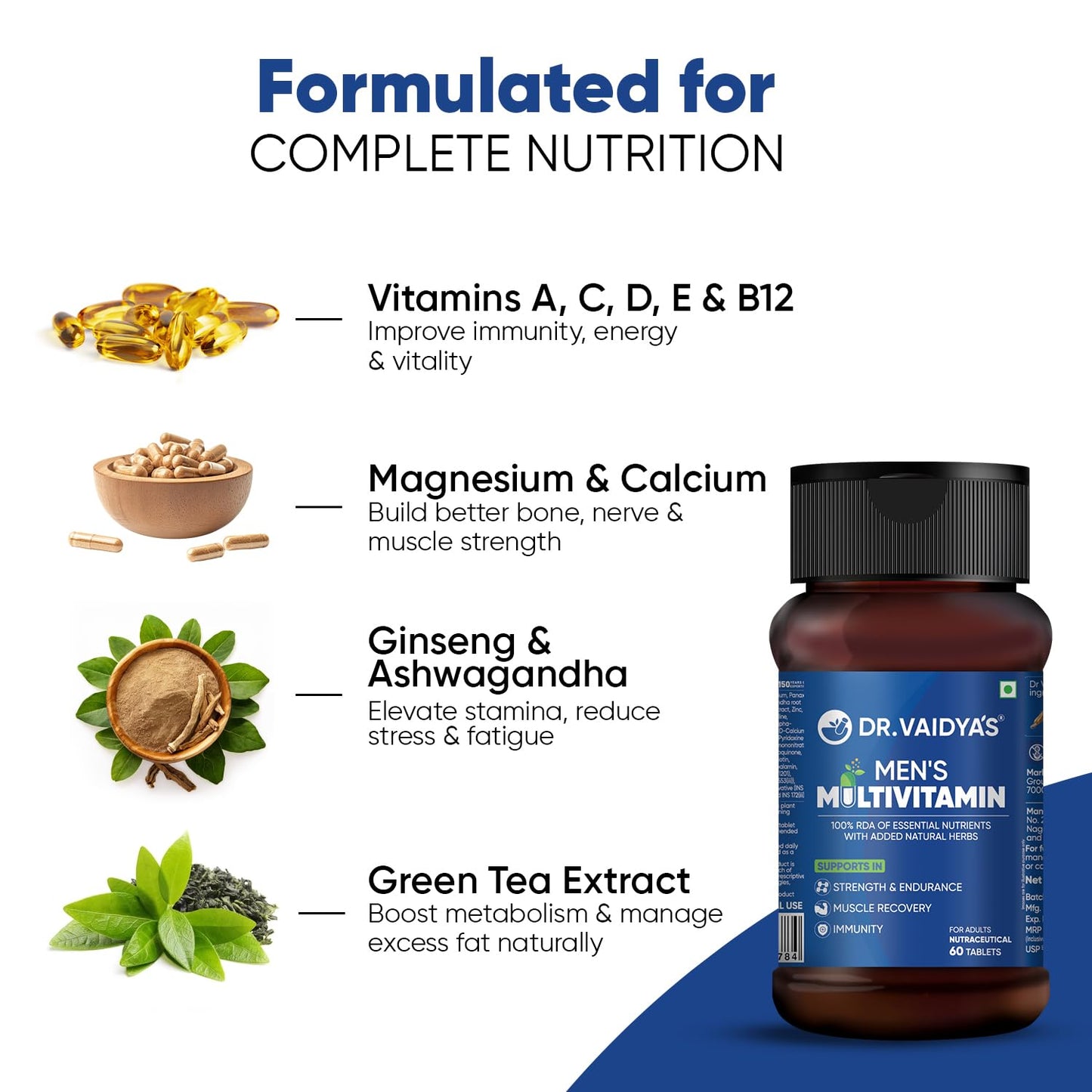 Dr. Vaidyaâ€™s Menâ€™s Multivitamin Tablet | Natural Multivitamin for Men Enriched with Ayurvedic Herbs | Goodness of Vitamin C tablets, Vitamin D, Calcium, Vitamin D3, and Magnesium Supplement | 60 Tablets