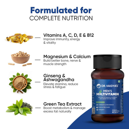 Dr. Vaidyaâ€™s Menâ€™s Multivitamin Tablet | Natural Multivitamin for Men Enriched with Ayurvedic Herbs | Goodness of Vitamin C tablets, Vitamin D, Calcium, Vitamin D3, and Magnesium Supplement | 60 Tablets
