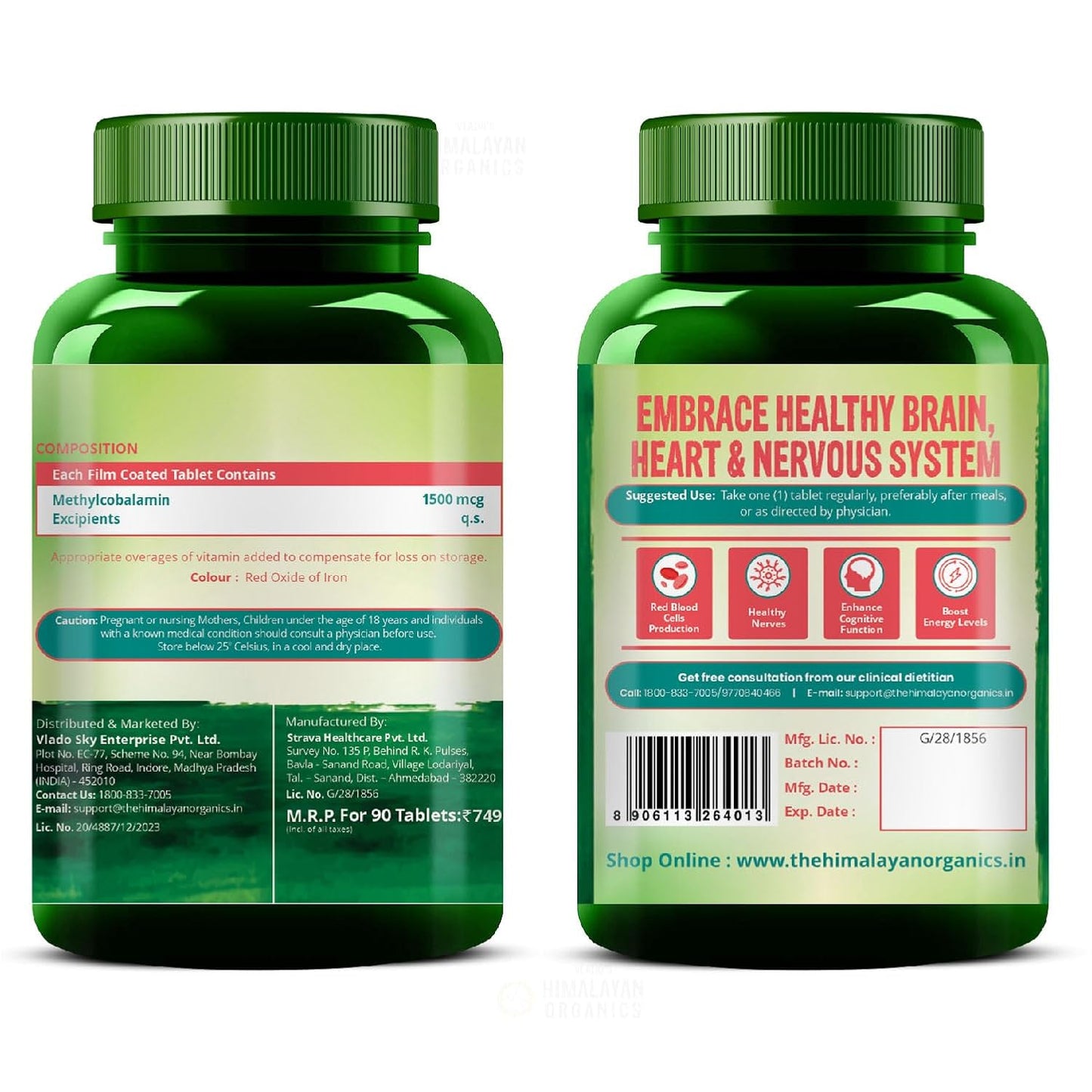 Vlado's Himalayan Organics Methylcobalamin Vitamin B12 1500mcg Supplement for Men & Women - 90 Veg Tablets