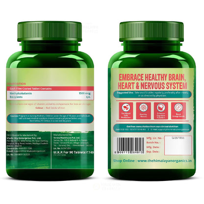 Vlado's Himalayan Organics Methylcobalamin Vitamin B12 1500mcg Supplement for Men & Women - 90 Veg Tablets
