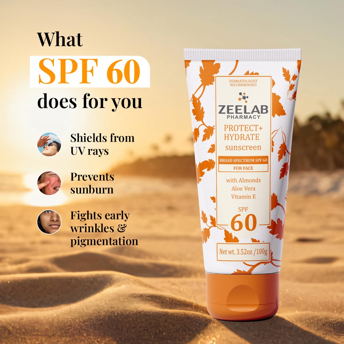 Zeelab Sunscreen Lotion SPF 60+ | Broad Spectrum UVA/UVB Protection | Lightweight, Non-Greasy Formula with Aloe Vera, Almond Oil & Vitamin E | Prevents Sunburn, Tanning & Ageing | 100 gm