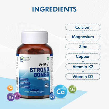 Fytika Strong Bones - 60 TABS (Pack of 1) | Calcium 1000mg + Vitamin D3 400IU Supplement with Magnesium, Zinc,Coper & Vitamin K2 for Complete Bone, Joint & Muscle Health - Women and Men